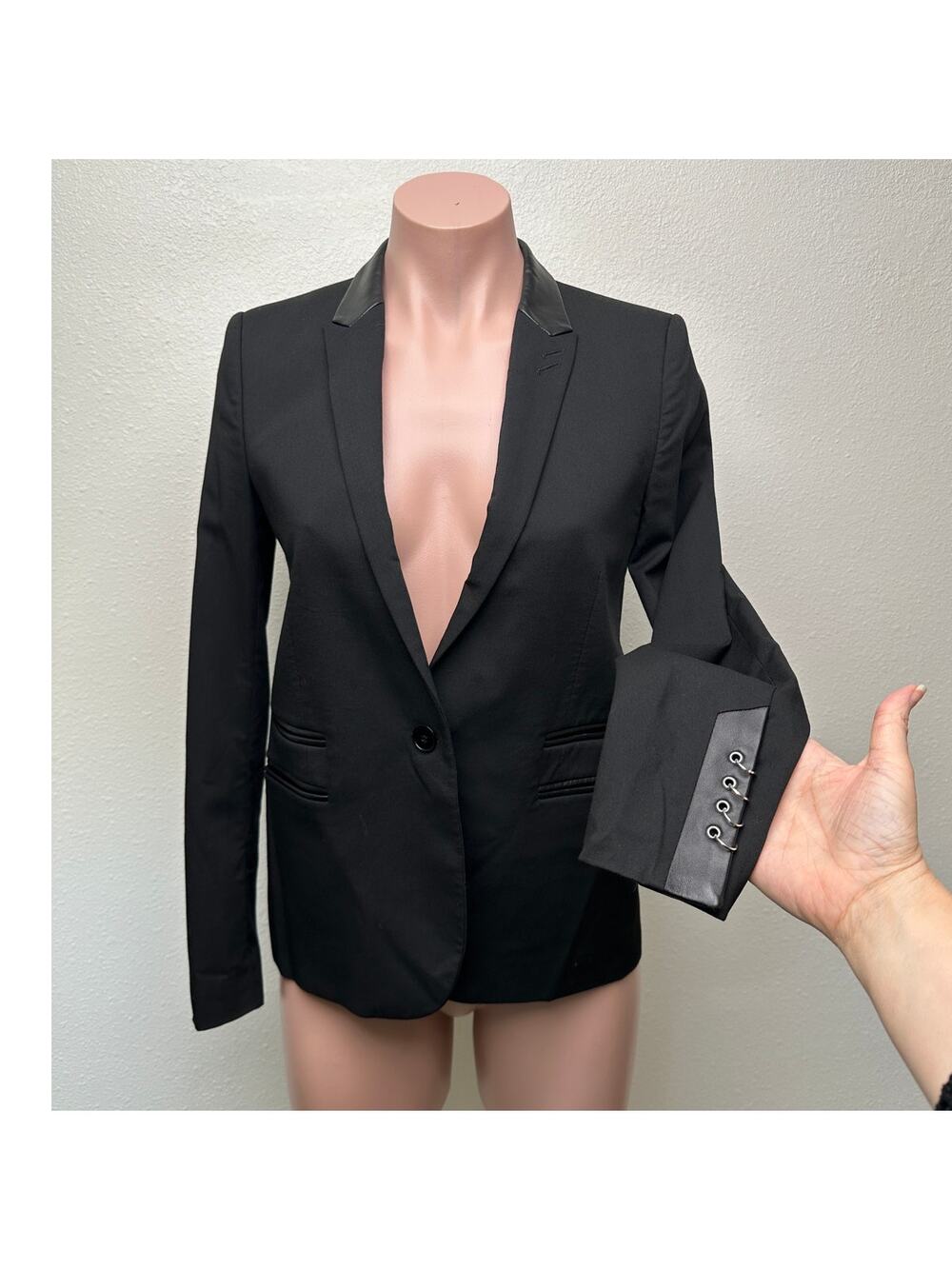 The Kooples Black Faux Leather Trim Blazer Women US 0 (EU 32)